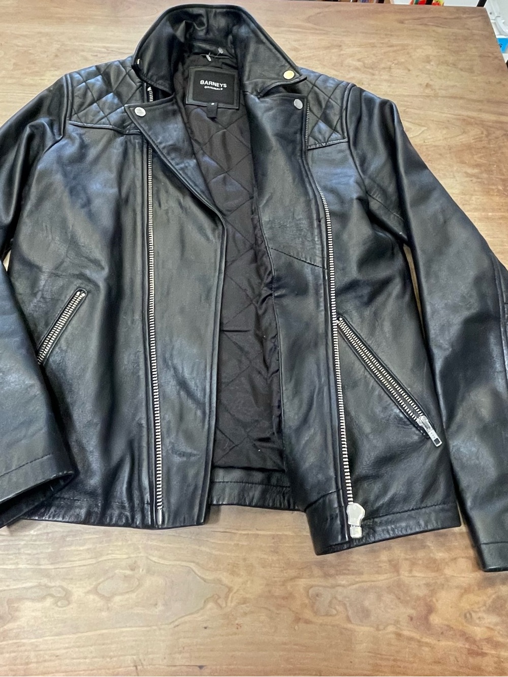 Men's Black Quilted-Yoke Leather Bomber Jacket